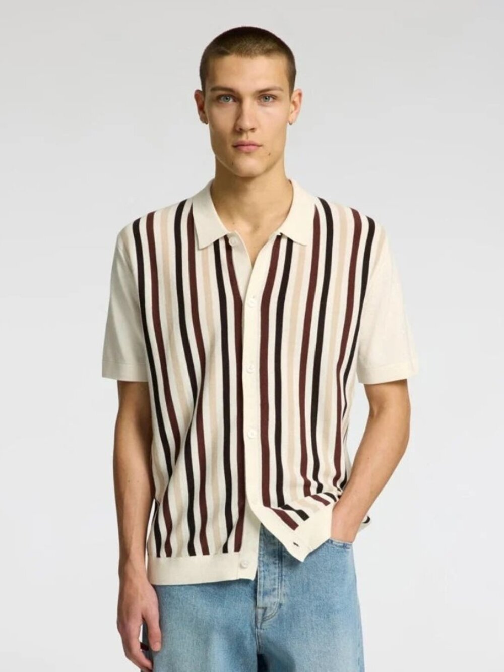 Selected Homme Cream with Multi Striped Knitted Shirt/33995